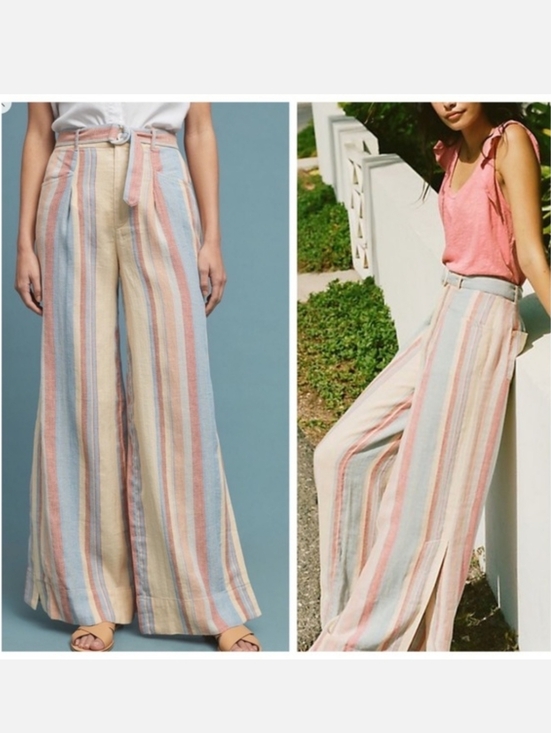 Anthropologie Pants - NWT Anthropologie Beachy Wide-Leg Pants w Belt Size 4 Yellow Blue Linen Pockets